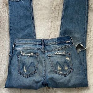 MOTHER Blue Distressed Straight-Leg Jeans
